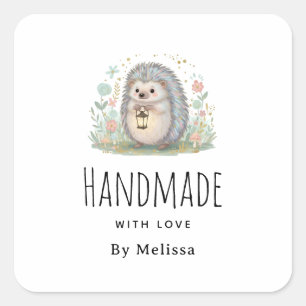 Sticker Carré Fait à la main avec amour Hérisson mignon avec lan