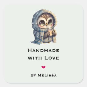 Sticker Carré Fait à la main avec l'amour Cute Owl tenant un caf