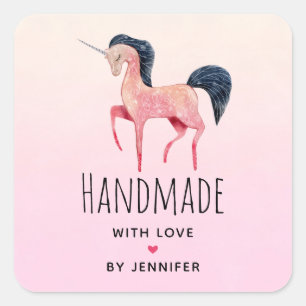 Sticker Carré Fait à la main avec Love Pink Unicorn avec Mane No