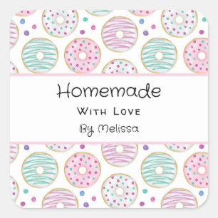 Sticker Carré Fait maison avec Amour Donut Motif mignonne Coloré