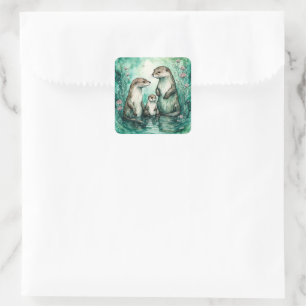 Sticker Carré Famille adorable de Otter avec Baby Otter