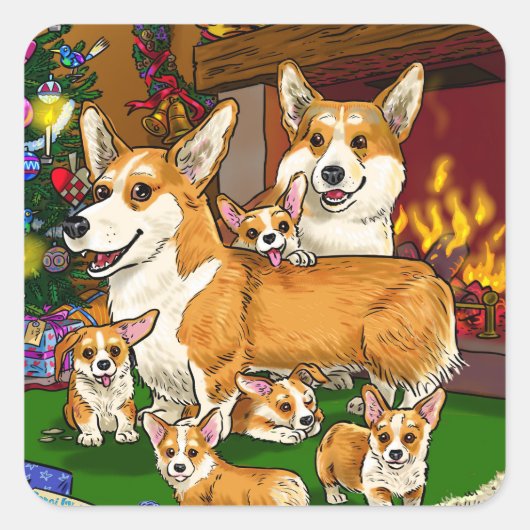 Sticker Carré Famille Cute Corgi (Devant)