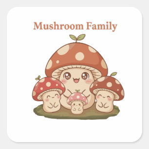 Sticker Carré Famille de Champignons Mignons Rétro Kawaii Art de