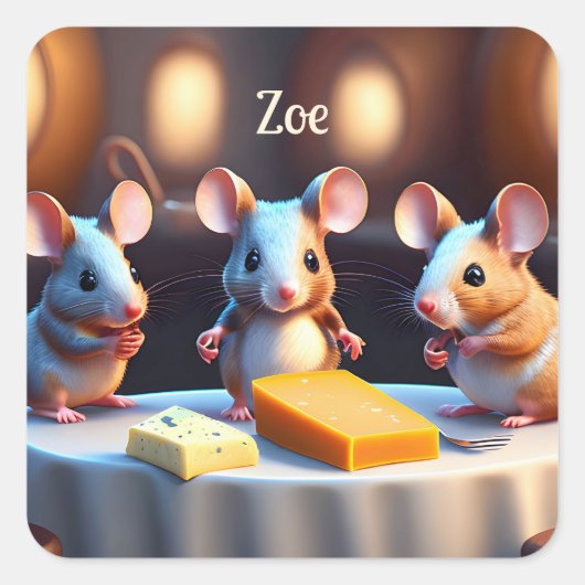 Sticker Carré Famille de souris à la table à manger (Devant)