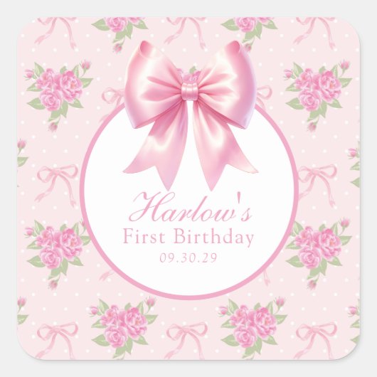 Sticker Carré Fancy One Rose Coquette Bow Anniversaire (Devant)