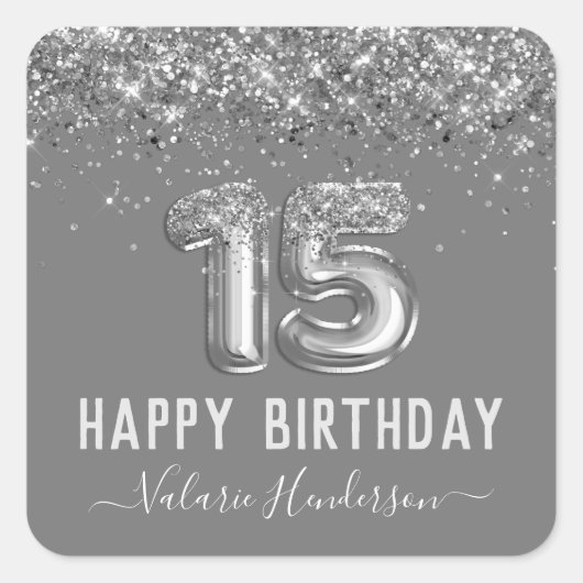 Sticker Carré Fancy Silver Parties scintillant Joyeux 15e annive (Devant)