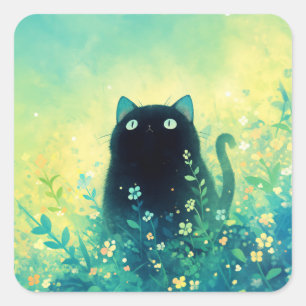 Sticker Carré Fantaisie Florale au Chat Noir
