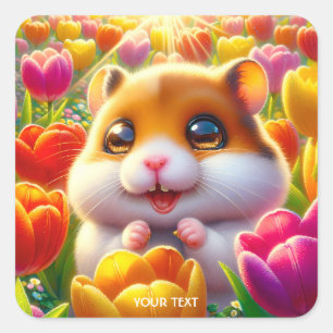 Sticker Carré Fantasy Cute Happy Hamster Tulips