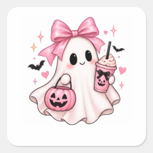Sticker Carré Fantôme à noeud rose Coquette Halloween