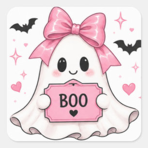 Sticker Carré Fantôme Coquette Halloween à ruban rose BOO