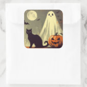 Sticker Carré Fantôme d'Halloween, chat noir et Jack-o'lanterne (Sac)
