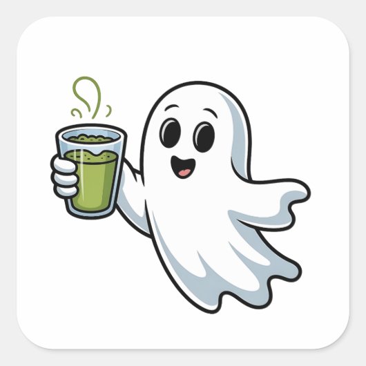 Sticker Carré Fantôme effrayant d'Halloween tenant un matcha (Devant)