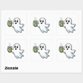 Sticker Carré Fantôme effrayant d'Halloween tenant un matcha (Feuille)