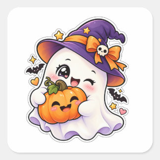 Sticker Carré Fantôme et citrouille Kawaii Halloween Mignon Épou