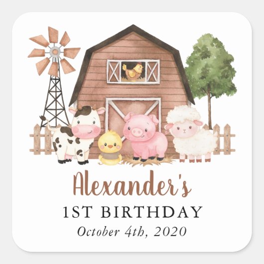 Sticker Carré Farm Animals, Cute Animals, Barn, First Birthday (Devant)