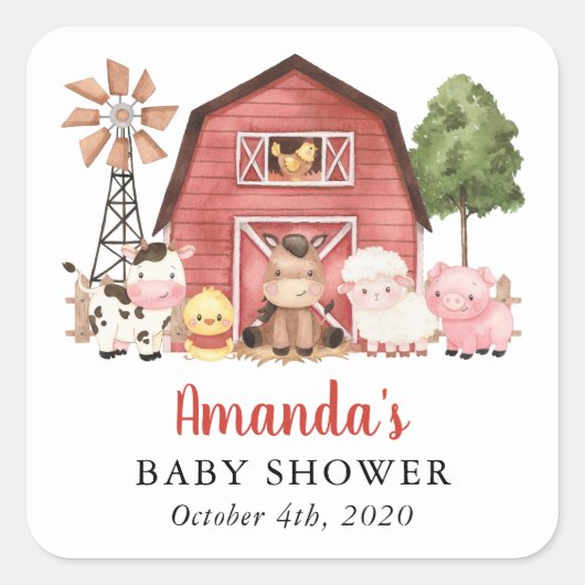 Sticker Carré Farm Animals, Cute Animals, Red Barn, Baby Shower (Devant)