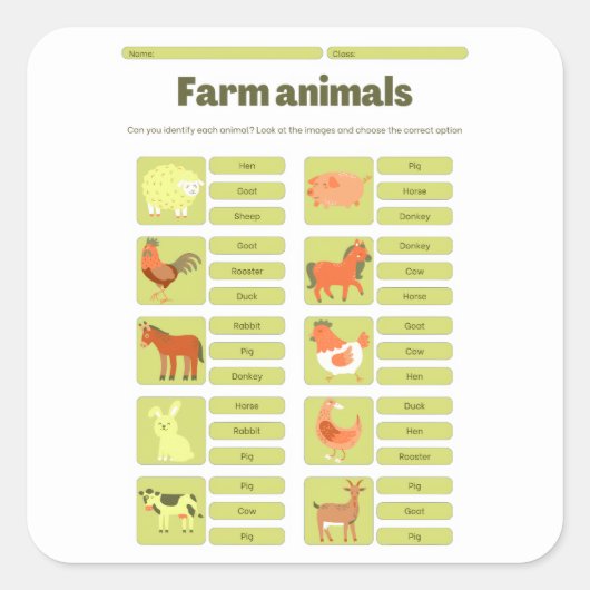 Sticker Carré Farm Animals Identification Educational Worksheet (Devant)