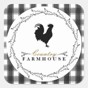 Sticker Carré Farmhouse Russe Plaid Black White Buffalo Check