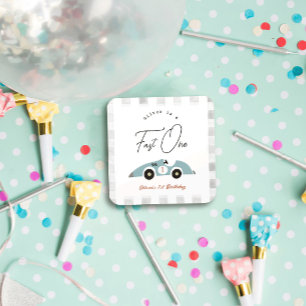 Sticker Carré Fast One Blue Race Car Boy 1er anniversaire