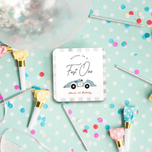 Sticker Carré Fast One Blue Race Car Boy 1er anniversaire