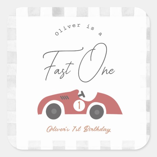 Sticker Carré Fast One Red Race Car Boy 1st Birthday (Devant)