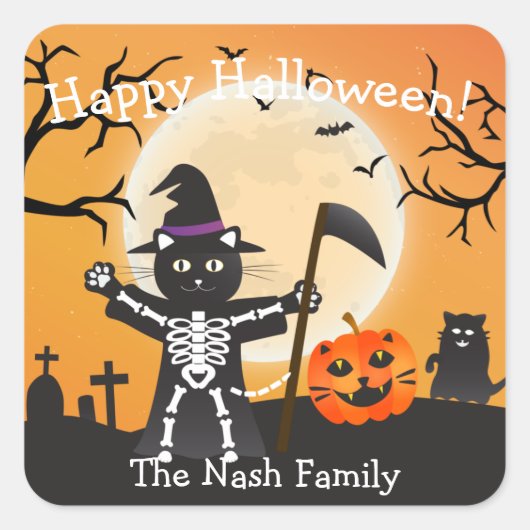 Sticker Carré Faucheuse Halloween Cat Grim (Devant)