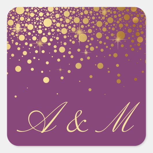Sticker Carré Faux Gold Foil Confetti Dots Violet Monogramme (Devant)