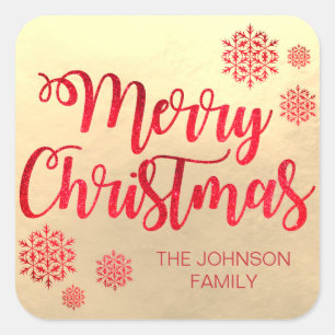 Sticker Carré Faux Gold foil Joyeux Noël Red Snowflakes