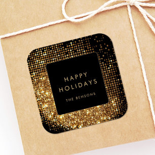 Sticker Carré Faux Gold Parties scintillant et Black Happy Holid