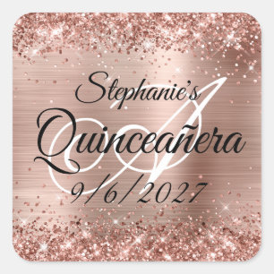 Sticker Carré Faux or rose pailleté et Quinceañera en feuille d'