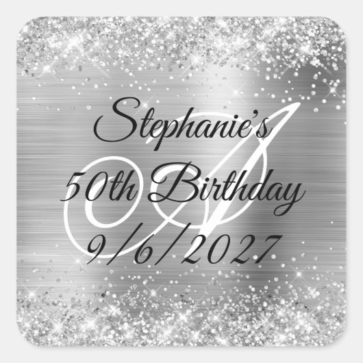 Sticker Carré Faux Parties scintillant d'argent et Foil 50e anni (Devant)