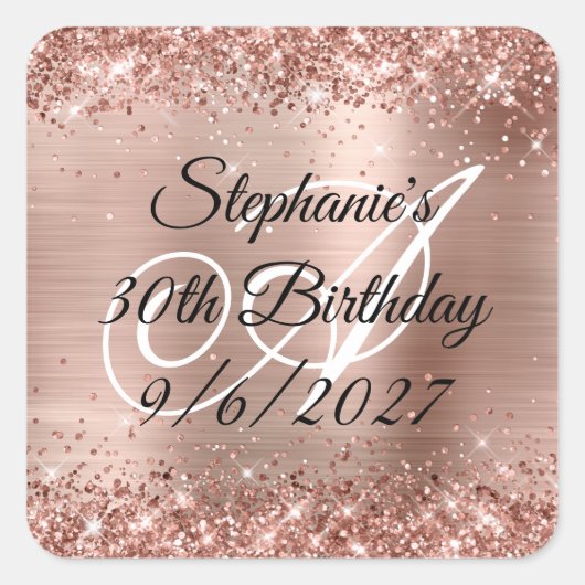 Sticker Carré Faux Rose Gold Parties scintillant et Foil 30e ann (Devant)