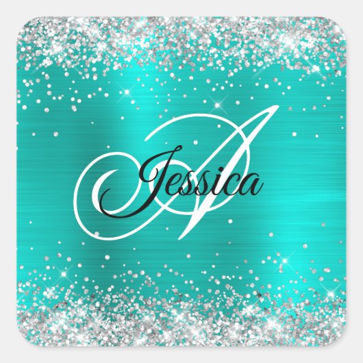 Sticker Carré Faux Shiny Silver Parties scintillant Turquoise Fo (Devant)