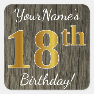 Sticker Carré Faux Wood, Faux Gold 18e anniversaire + Nom person
