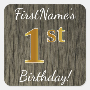 Sticker Carré Faux Wood, Faux Gold 1er Anniversaire + Nom person