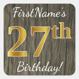 Sticker Carré Faux Wood, Faux Gold 27e anniversaire + Nom person
