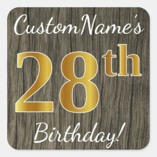 Sticker Carré Faux Wood, Faux Gold 28e anniversaire + Nom person