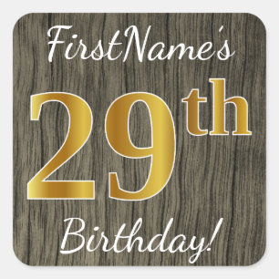 Sticker Carré Faux Wood, Faux Gold 29e anniversaire + Nom person