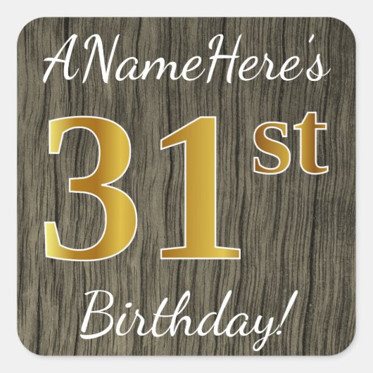 Sticker Carré Faux Wood, Faux Gold 31e anniversaire + Nom person (Devant)