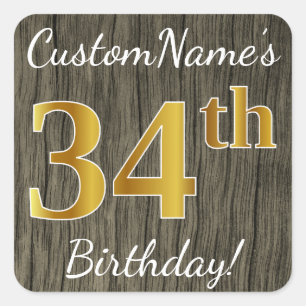 Sticker Carré Faux Wood, Faux Gold 34e anniversaire + Nom person