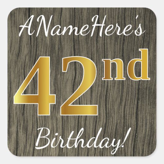 Sticker Carré Faux Wood, Faux Gold 42e anniversaire + Nom person (Devant)