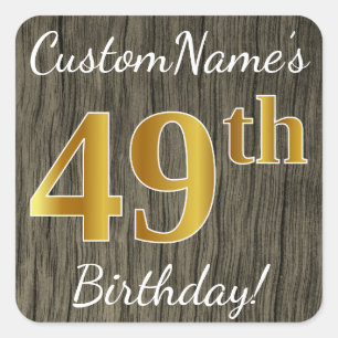 Sticker Carré Faux Wood, Faux Gold 49e anniversaire + Nom person