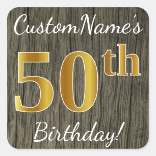 Sticker Carré Faux Wood, Faux Gold 50e anniversaire + Nom person
