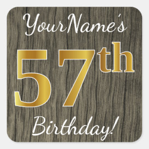 Sticker Carré Faux Wood, Faux Gold 57e anniversaire + Nom person