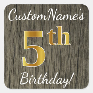 Sticker Carré Faux Wood, Faux Gold 5e anniversaire + Nom personn