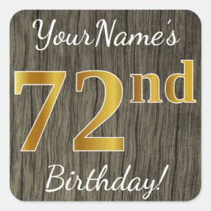 Sticker Carré Faux Wood, Faux Gold 72e anniversaire + Nom person