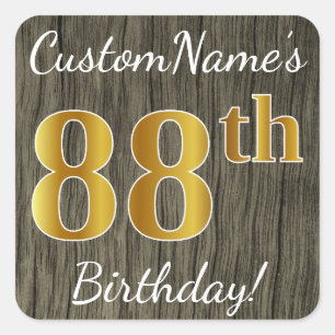 Sticker Carré Faux Wood, Faux Gold 88e anniversaire + Nom person