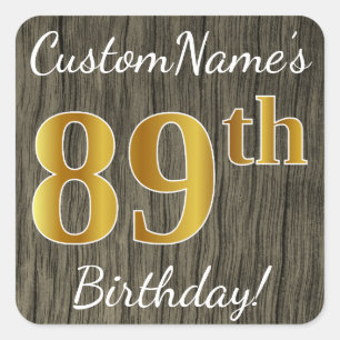 Sticker Carré Faux Wood, Faux Gold 89e anniversaire + Nom person
