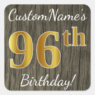Sticker Carré Faux Wood, Faux Gold 96e anniversaire + Nom person