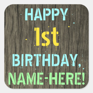 Sticker Carré Faux Wood, Peint Texte Look, 1er Anniversaire + No